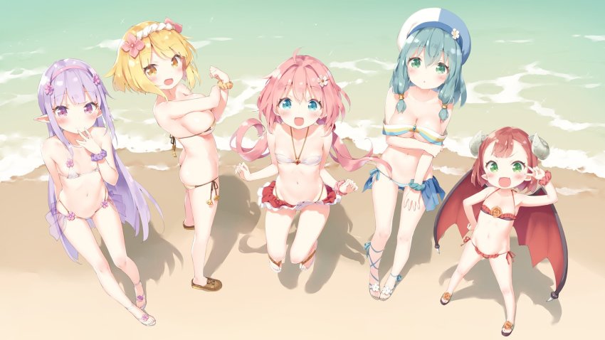 5girls, :d, ahoge, arm_grab, arm_under_breasts, ass, bare_arms, bare_shoulders, beach, bikini, bikini_skirt, bikini_top_only, black_bikini, blonde_hair, blue_eyes, blue_hat, blue_scrunchie, blush, breasts, brown_bikini, brown_eyes, brown_footwear, butt_crack, cleavage, collarbone, commentary_request, curled_horns, day, demon_girl, demon_horns, demon_wings, elf, elnowar_seylan, endro!, fai_fai, fang, flexing, flip-flops, flower, frilled_bikini, frills, from_above, green_eyes, green_hair, groin, hair_between_eyes, hair_flower, hair_intakes, hair_ornament, hairband, hairclip, hand_on_own_hip, hand_up, hat, head_tilt, highres, horns, kani_biimu, large_breasts, long_hair, looking_at_viewer, looking_to_the_side, looking_up, low_twintails, mao_(endro!), medium_breasts, meiza_endust, micro_bikini, multicolored_headwear, multiple_girls, navel, no_socks, open_mouth, outdoors, parted_lips, pigeon-toed, pink_flower, pink_hair, pink_hairband, pink_scrunchie, pointy_ears, purple_eyes, purple_hair, purple_scrunchie, red_hair, red_scrunchie, red_wings, sand, sandals, scrunchie, see-through_clothes, shoes, short_hair, side-tie_bikini_bottom, sidelocks, small_breasts, smile, standing, striped_bikini, striped_clothes, swimsuit, transparent, twintails, v, v_over_eye, very_long_hair, water, white_bikini, white_flower, white_footwear, white_hat, wings, wrist_scrunchie, yellow_scrunchie, yuria_shardet