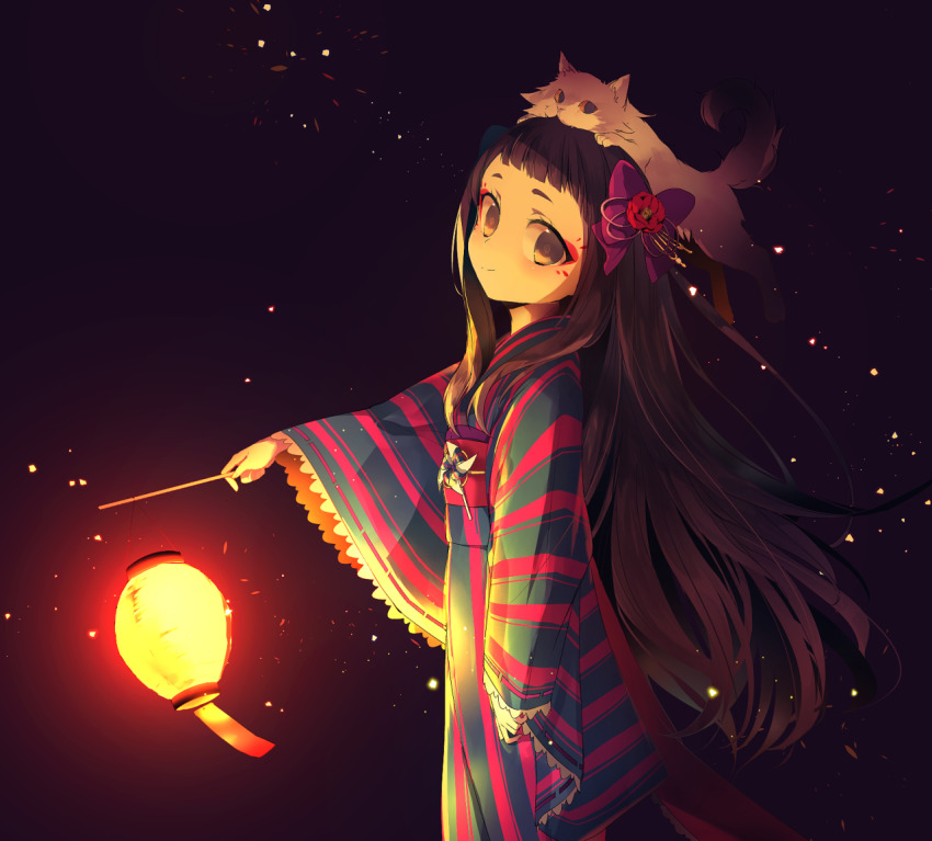 1girl, animal, animal_on_head, biting, blunt_bangs, bow, cat, cat_on_head