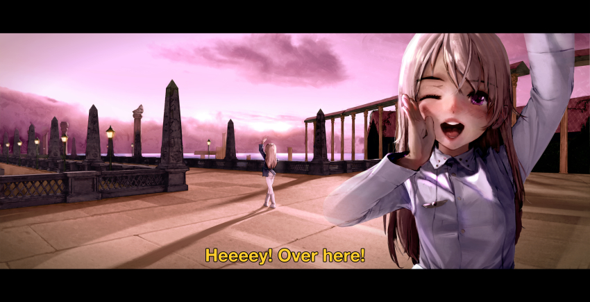 1girl, absurdres, ass, blonde_hair, blush, boots, building, cloud, day, diathorn, eila_ilmatar_juutilainen, female_focus, full_body, hand_on_own_face, hand_up, highres, lamppost, letterboxed, lips, loli, long_hair, looking_at_viewer, ocean, one_eye_closed, outdoors, pale_skin, pavement, purple_eyes, sexually_suggestive, shouting, shouting_with_hands, sky, solo, strike_witches, teeth, uniform, visual_novel, waving, white_legwear, world_witches_series