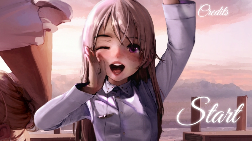 1girl, blonde_hair, blush, cloud, day, diathorn, eila_ilmatar_juutilainen, female_focus, hand_on_own_face, hand_up, highres, lips, long_hair, looking_at_viewer, one_eye_closed, outdoors, pale_skin, purple_eyes, shouting, shouting_with_hands, solo, strike_witches, teeth, uniform, visual_novel, waving, world_witches_series