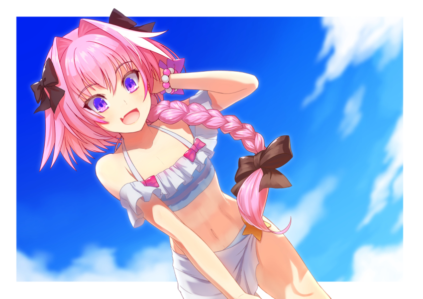 1boy, :d, androgynous, astolfo_(fate), astolfo_(sparkling_frills)_(fate), black_bow, blue_sky, blurry, blurry_background, bow, bracelet, braid, cloud, collarbone, day, dutch_angle, fang, fate/apocrypha, fate_(series), flat_chest, hair_bow, hair_over_shoulder, hand_in_own_hair, jewelry, koyama_keisuke, leaning_forward, long_hair, looking_at_viewer, male_focus, navel, official_alternate_costume, open_mouth, pink_hair, purple_eyes, single_braid, skin_fang, sky, smile, solo, standing, trap