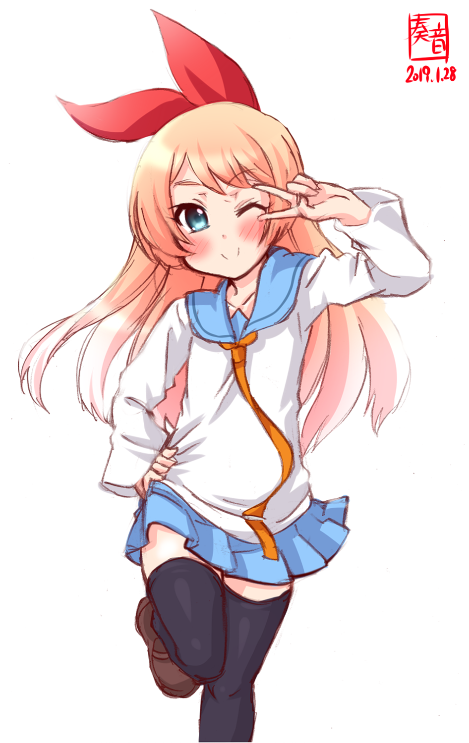 1girl, alternate_costume, alternate_legwear, artist_logo, black_thighhighs, blonde_hair, blouse, blue_eyes