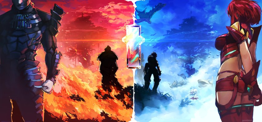 1girl, 3boys, amalthus_(xenoblade), armor, ass, bad_id, bad_twitter_id, clenched_hand