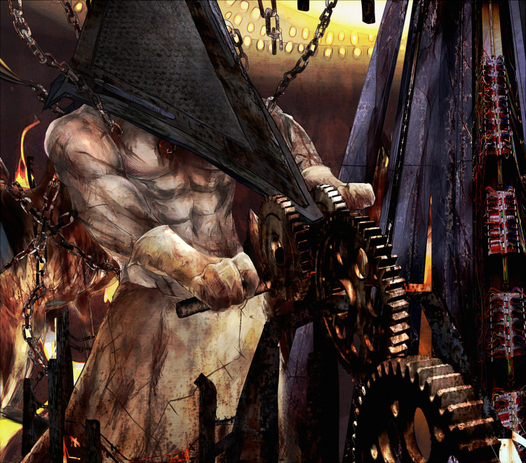 1boy, abs, blood, chain, commentary_request, fire, gloves, hat, helmet, male_focus, monster, muscular, pyramid_head, shimita_(erode), silent_hill, silent_hill_(movie), silent_hill_(series), solo, topless_male