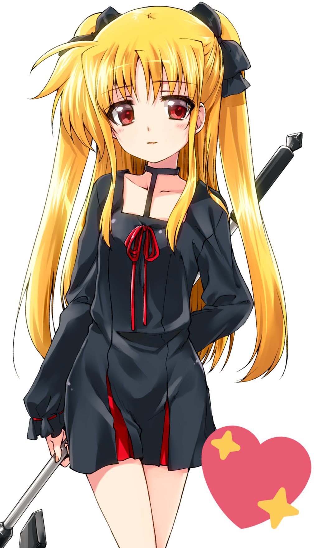 1girl, arm_behind_back, bardiche_(device_form)_(nanoha), bardiche_(nanoha), black_choker, black_dress, black_ribbon, blonde_hair