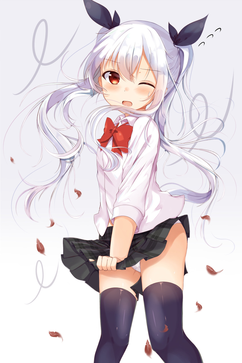 1girl, absurdres, black_bow, black_skirt, black_thighhighs, blush, bow, bowtie