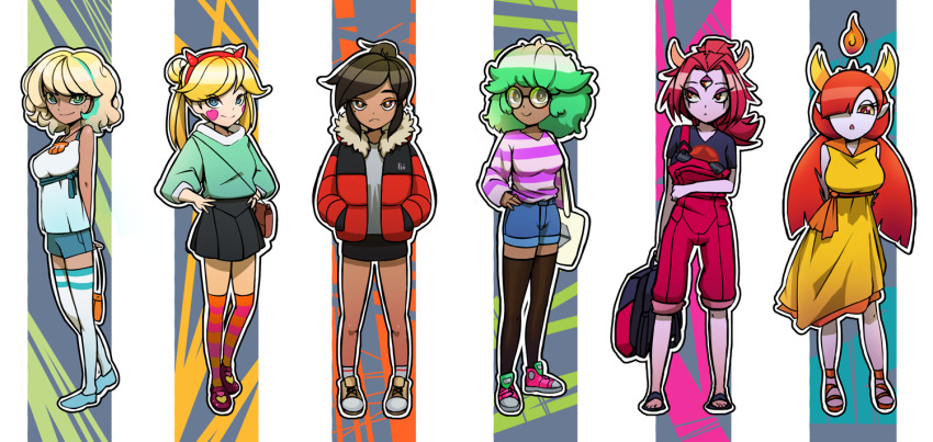 6+girls, alternate_hairstyle, arms_behind_back, backpack, bag, black_legwear, black_skirt, blonde_hair