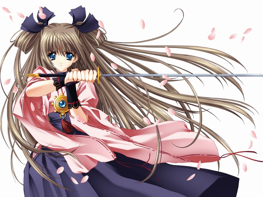 1girl, blue_eyes, bow, brown_hair, carnelian, female_focus, gauntlets, hakama