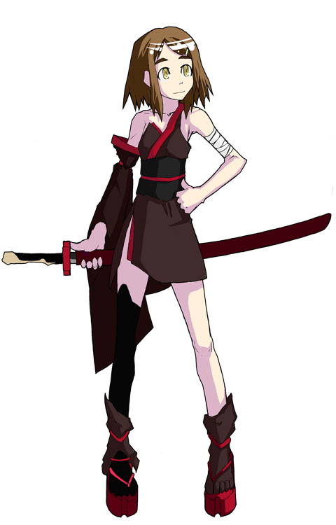 1girl, bare_shoulders, boots, brown_hair, female_focus, full_body, katana, kimura_akiyoshi