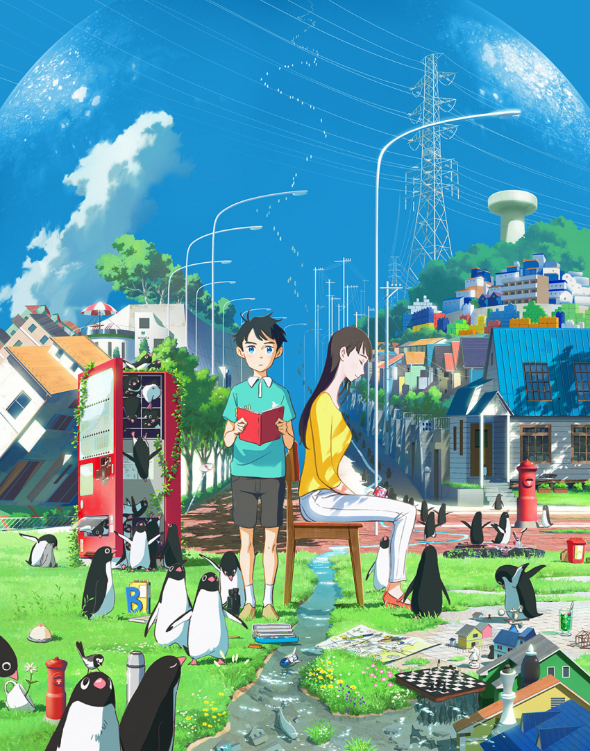 1boy, 1girl, aoyama-kun_(penguin_highway), aqua_shirt, bird, black_footwear, black_hair, blue_eyes