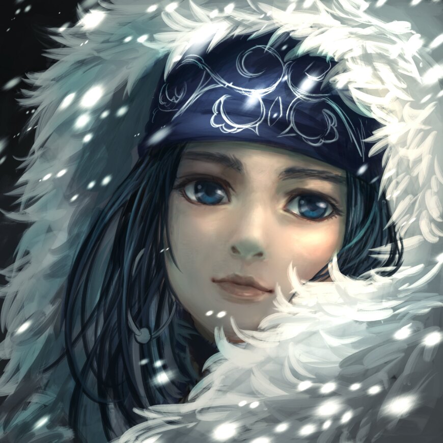 1girl, asirpa, bad_id, bad_pixiv_id, bandana, black_hair, blue_bandana, blue_eyes