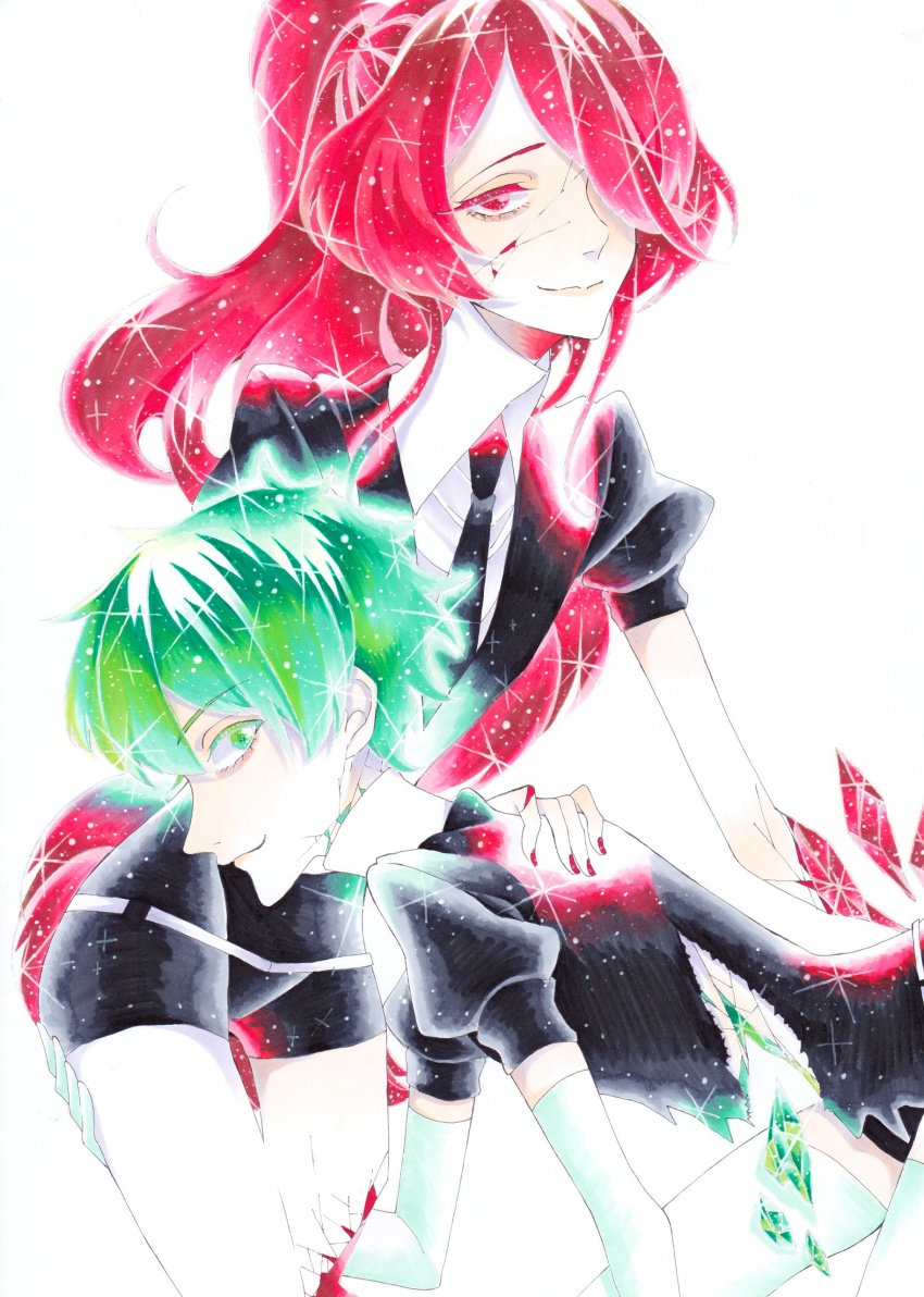 2others, absurdres, androgynous, breaking, colored_eyelashes, crack, crystal_hair, elbow_gloves, gem_uniform_(houseki_no_kuni), gloves, green_diamond_(houseki_no_kuni), green_eyes, green_hair, hair_over_one_eye, highres, houseki_no_kuni, kanitohituzi, long_hair, looking_at_viewer, marker_(medium), amputee, multiple_others, necktie, ponytail, red_eyes, red_hair, ruby_(houseki_no_kuni), shards, short_hair, smile, thighhighs, traditional_media, very_long_hair, white_background