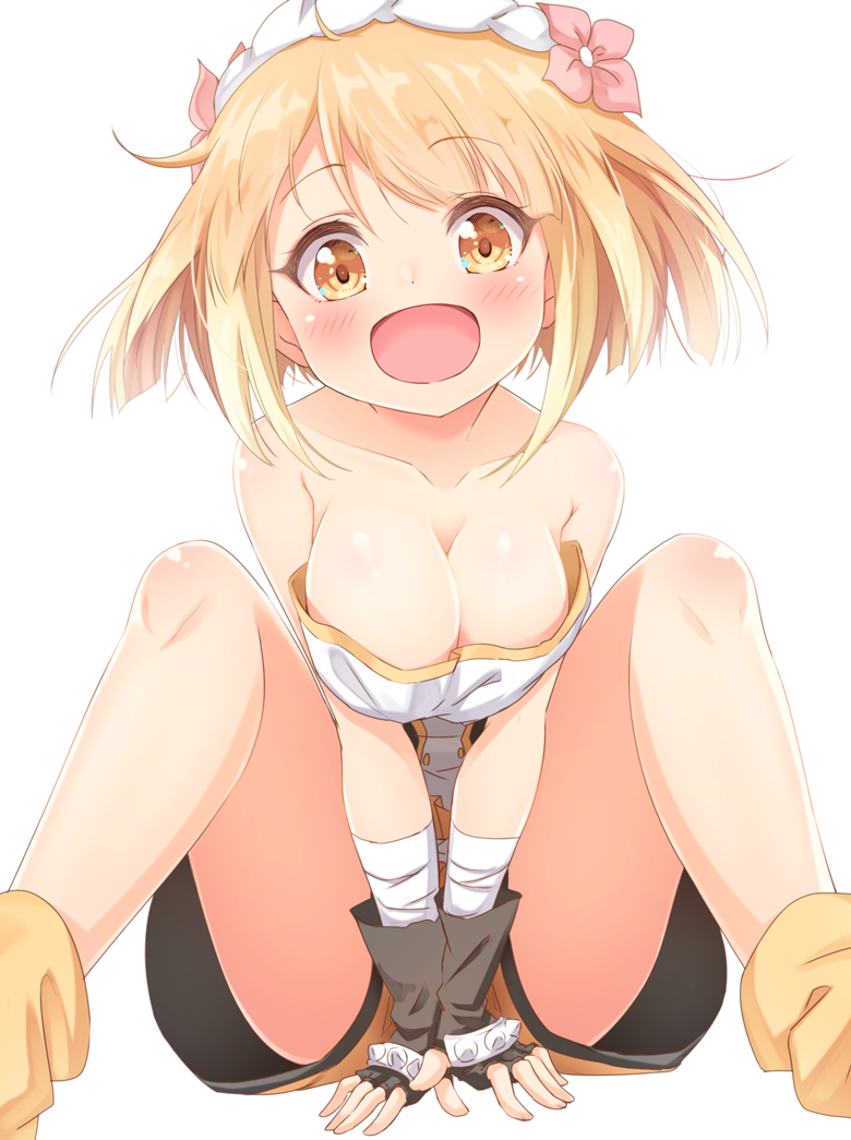 1girl, :d, bandaged_arm, bandages, bare_shoulders, between_legs, black_gloves, black_shorts