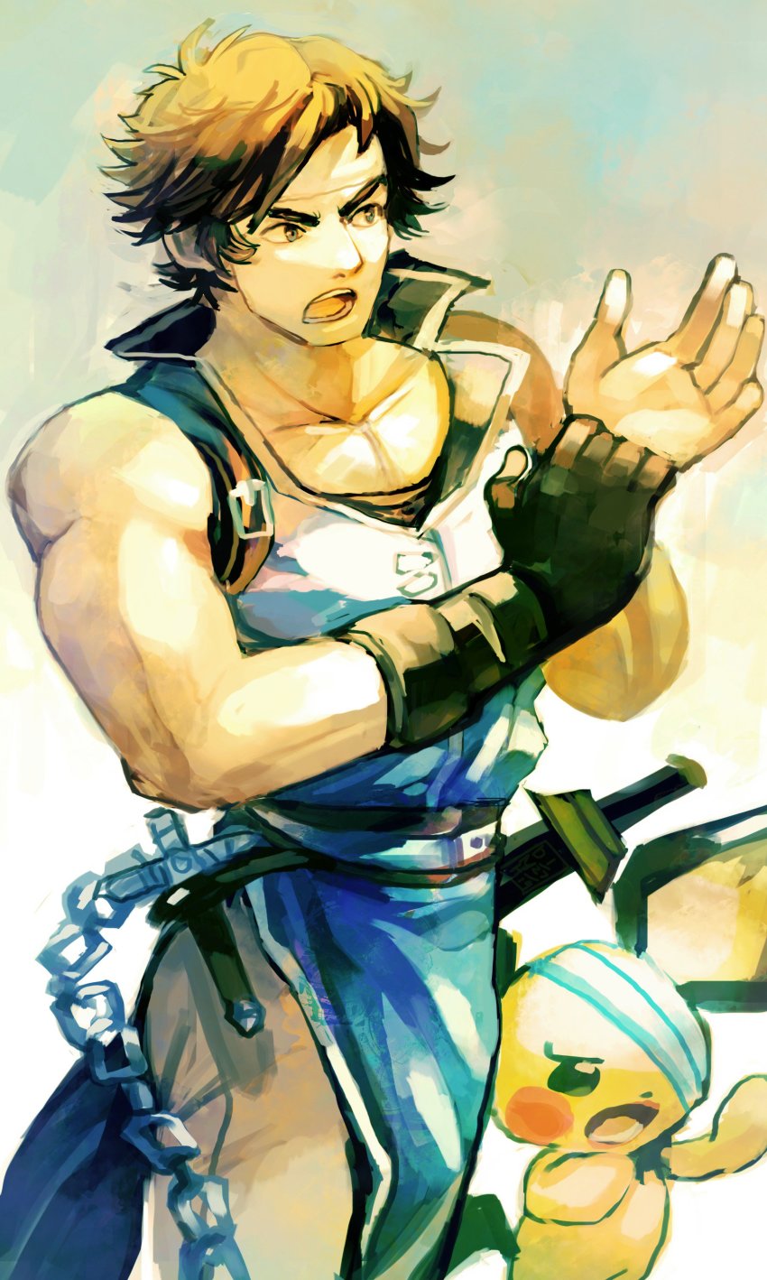 1boy, absurdres, adjusting_clothes, belt, blue_eyes, brown_hair, castlevania:_rondo_of_blood, castlevania_(series), gen_2_pokemon, gloves, headband, highres, lady_kuki, male_focus, nintendo, open_mouth, pichu, pokemon, pokemon_(creature), richter_belmont, short_hair, simple_background, super_smash_bros., weapon, whip, white_background