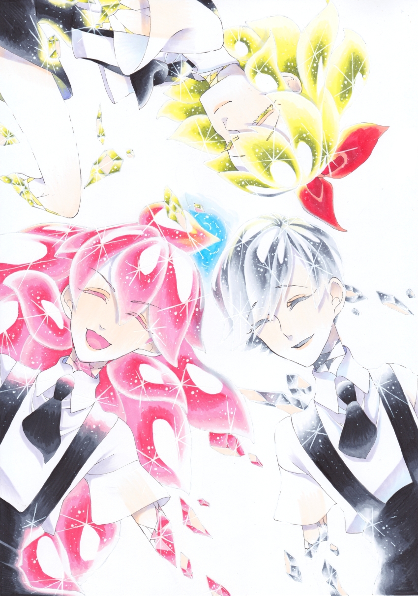 3others, absurdres, androgynous, blonde_hair, broken, colored_eyelashes, crystal_hair, gem_uniform_(houseki_no_kuni)