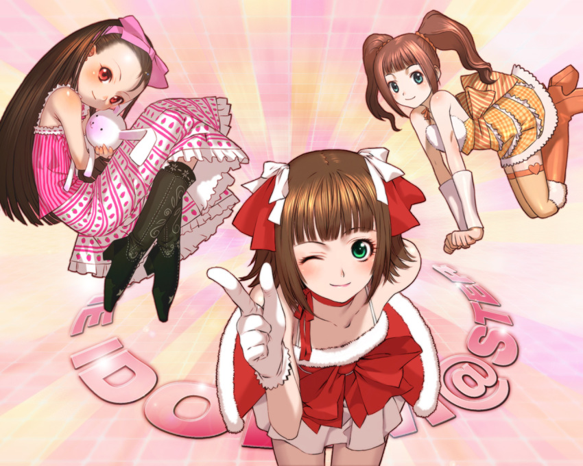 00s, 3girls, amami_haruka, bent_over, brown_hair, cute_&amp;_girly_(idolmaster), gloves, green_eyes