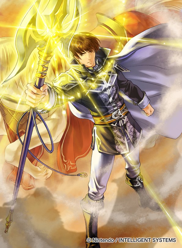 1boy, boots, brown_eyes, brown_hair, cape, copyright_name, fire_emblem, fire_emblem:_genealogy_of_the_holy_war, fire_emblem_cipher, gae_bolg_(fire_emblem), kita_senri, male_focus, nintendo, official_art, polearm, quan_(fire_emblem), sparkle, spear, weapon