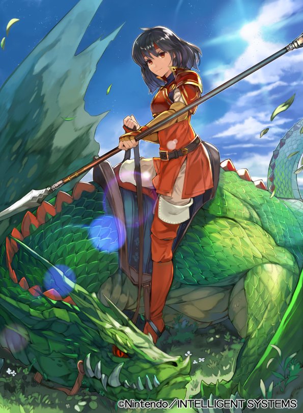 1girl, armor, bat_wings, boots, breastplate, brown_hair, cloud, copyright_name, day, dragon, dragon_tail, eda_(fire_emblem), fangs, female_focus, fingerless_gloves, fire_emblem, fire_emblem:_thracia_776, fire_emblem_cipher, flower, gloves, grass, headband, kurosawa_tetsu, nintendo, official_art, orange_eyes, polearm, red_eyes, sky, solo, spear, tail, weapon, wings