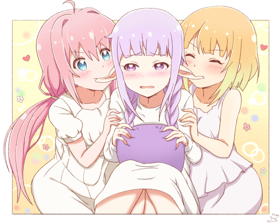 3girls, alternate_hairstyle, biting, blonde_hair, blue_eyes, blush, border, braid