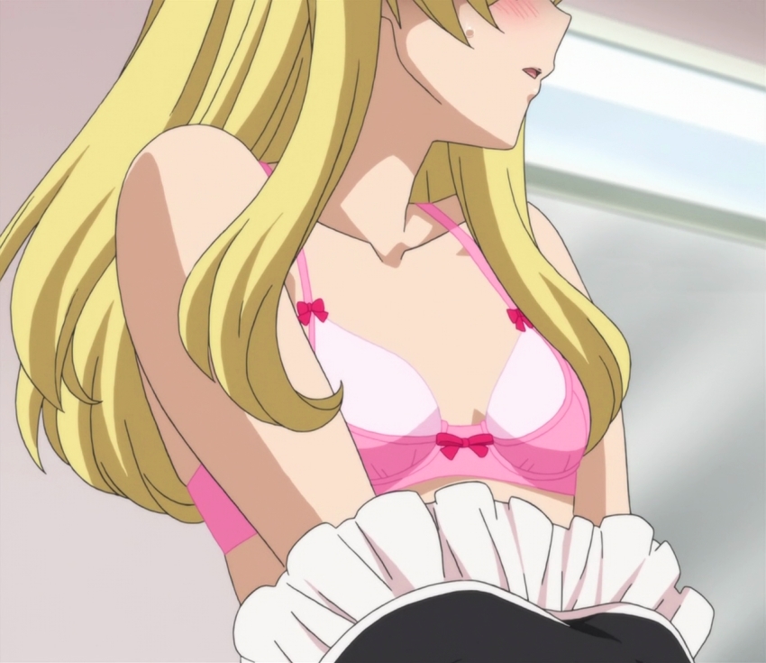 anime_screenshot, blonde_hair, bra, mangaka-san_to_assistant-san_to, otosuna_mihari, pink_bra, solo, stitched, third-party_edit, underwear