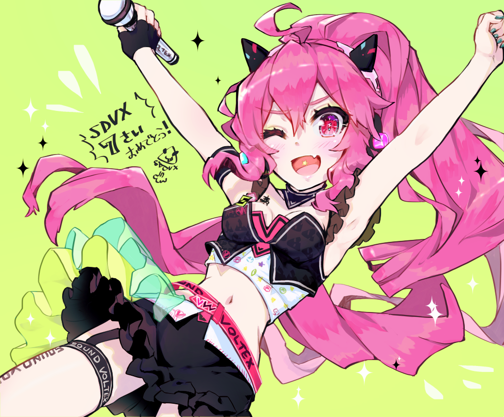 1girl, ;d, ahoge, aqua_nails, armband, armpits, arms_up, bare_arms