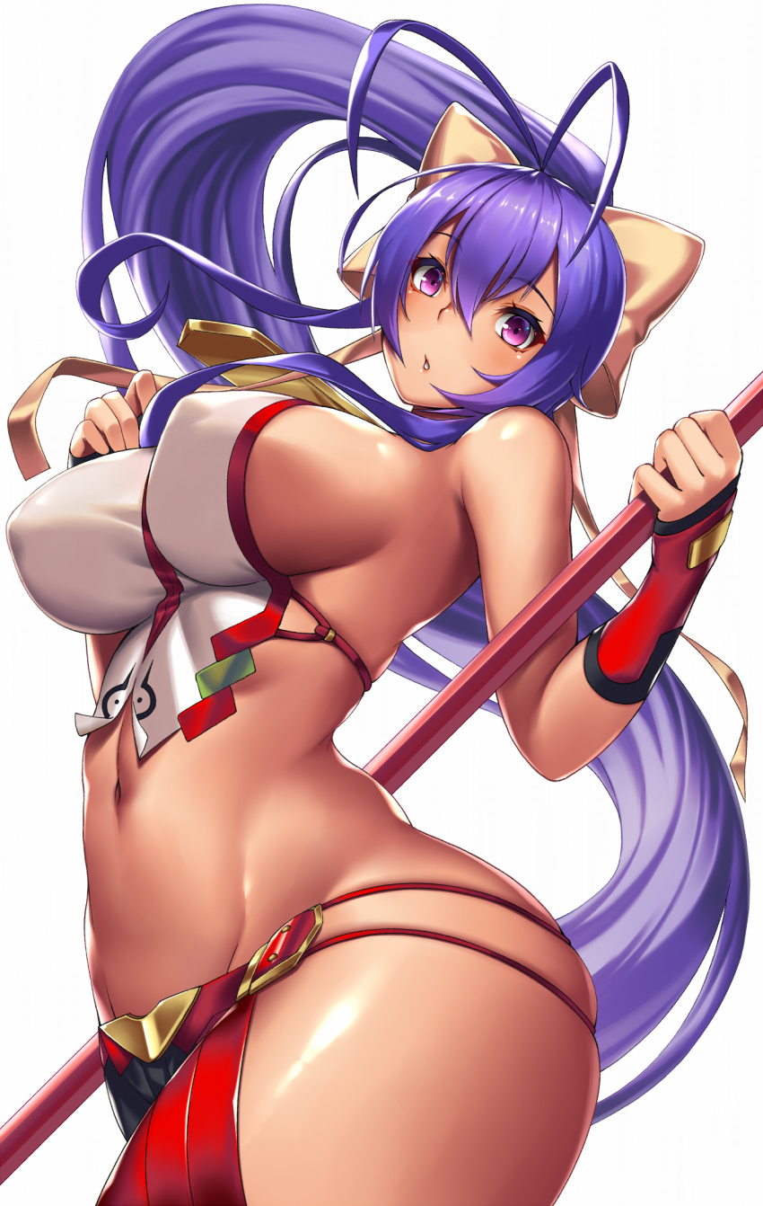 1girl, antenna_hair, bare_shoulders, blazblue, blazblue:_central_fiction, blazblue_variable_heart, blue_hair, blush, bow, breasts, clothing_cutout, curvy, female_focus, fingerless_gloves, floating_hair, gloves, groin, hair_between_eyes, hair_bow, hand_up, highres, hip_vent, holding, holding_weapon, large_breasts, long_hair, looking_at_viewer, mai_natsume, open_mouth, ponytail, purple_eyes, ribbon, shiny_skin, sideboob, sidelocks, skindentation, solo, takanashi-a, very_long_hair, weapon, yellow_bow