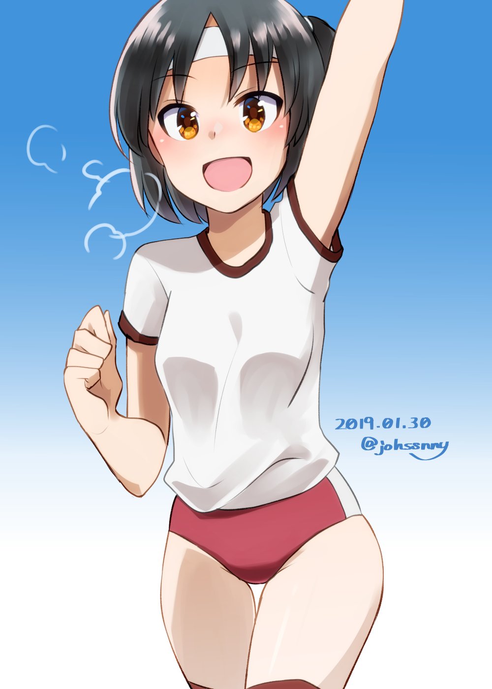 1girl, arm_up, black_hair, blue_background, buruma, commentary_request, cowboy_shot, dated
