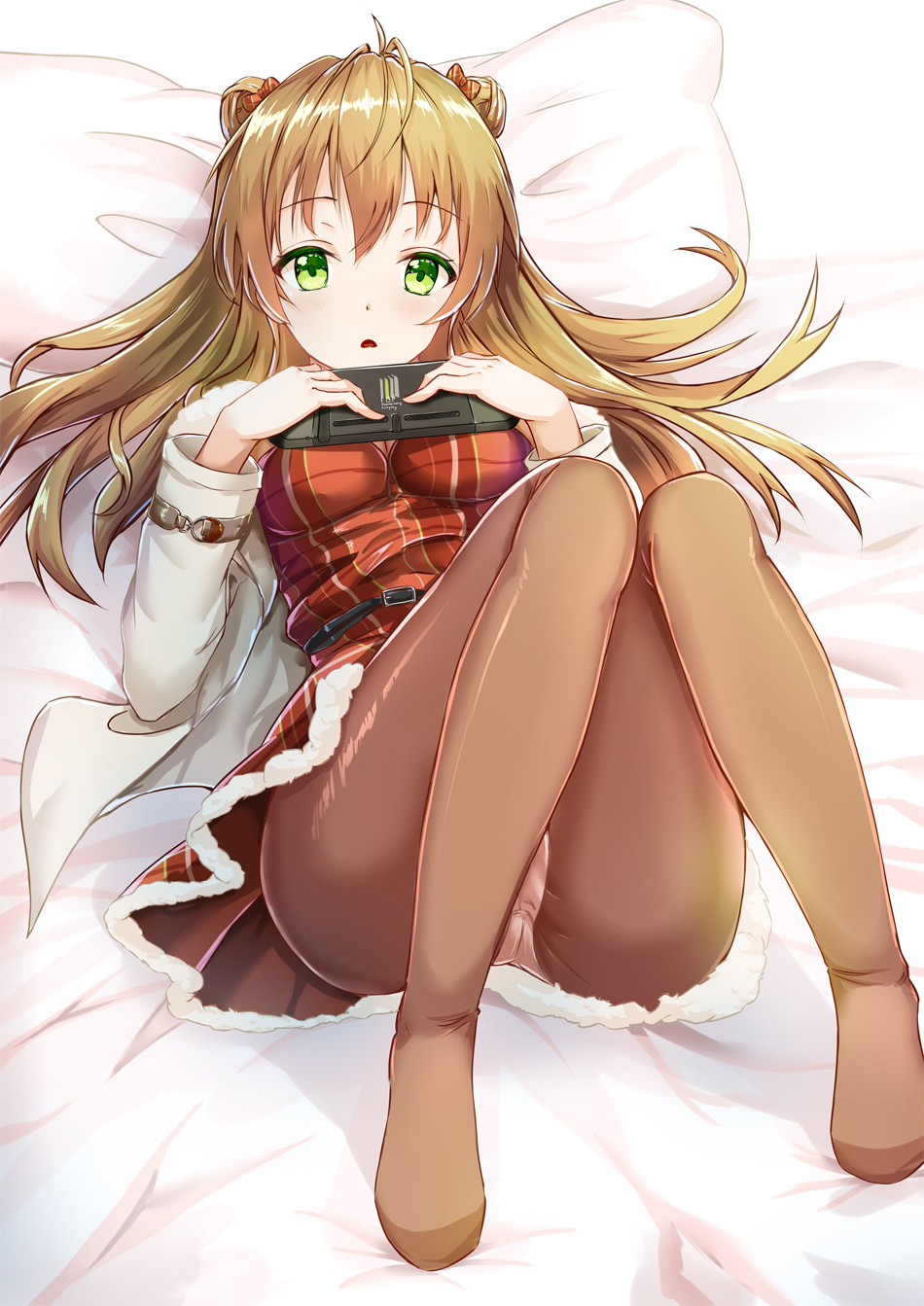 1girl, ahoge, belt, blush, bow, breasts, brown_hair, brown_pantyhose