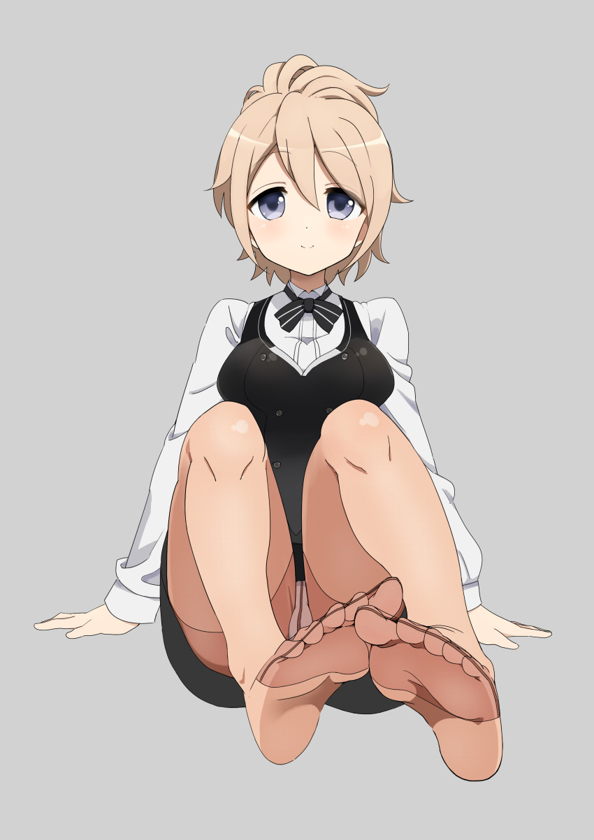 1girl, absurdres, aoyama_blue_mountain, blonde_hair, blue_eyes, dodo_(purofu_hitsudoku), feet, gochuumon_wa_usagi_desu_ka?, highres, long_hair, looking_at_viewer, no_shoes, panties, panties_under_pantyhose, pantyhose, pantyshot, smile, soles, toes, underwear