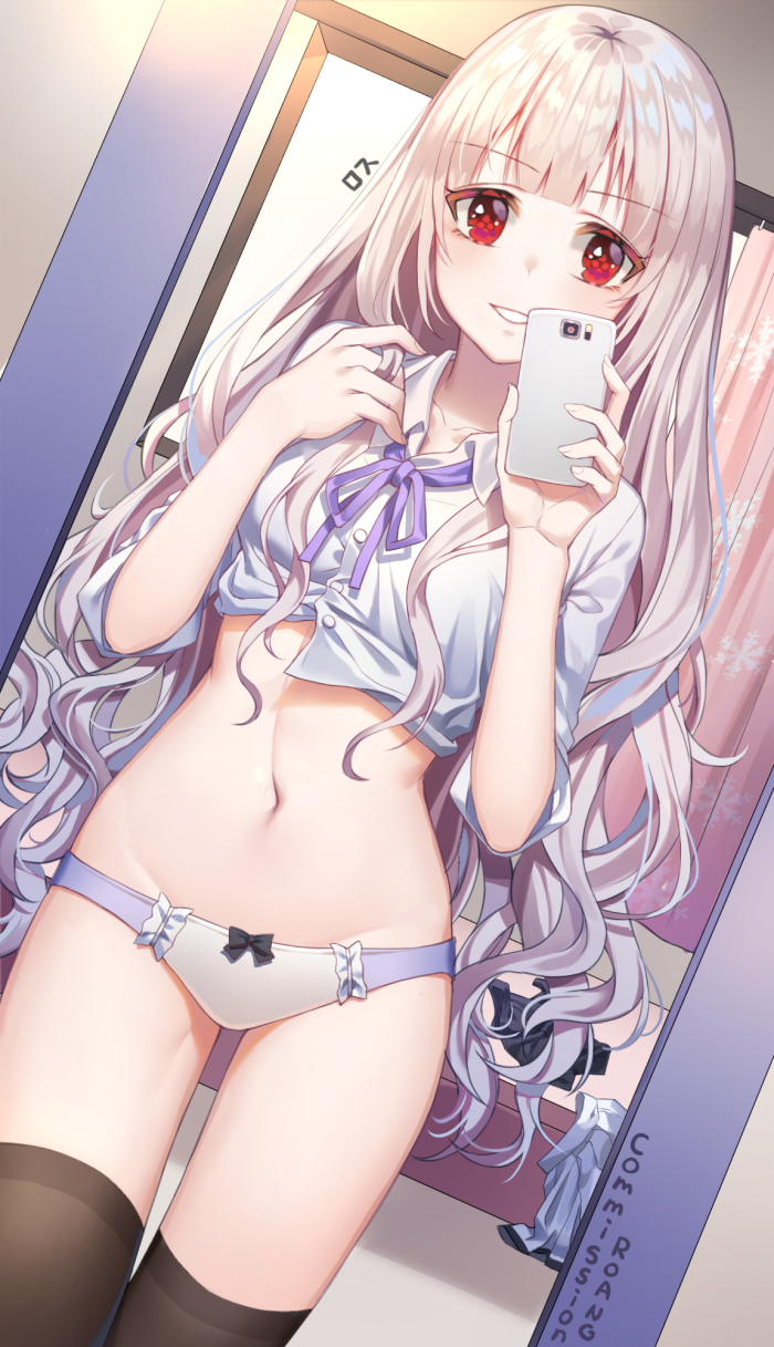 1girl, brown_thighhighs, buttons, cellphone, clothes_lift, collarbone, collared_shirt, commission, cowboy_shot, curtains, dress_shirt, dutch_angle, female_focus, grin, groin, hands_up, highres, holding, holding_phone, indoors, long_hair, looking_at_viewer, miniskirt, mirror, mirror_selfie, navel, neck_ribbon, original, panties, phone, pleated_skirt, purple_ribbon, red_eyes, reflection, ribbon, roang, selfie, shirt, shirt_lift, silver_hair, skirt, smartphone, smile, snowflake_print, solo, standing, stomach, thighhighs, thighs, underwear, unworn_skirt, very_long_hair, wavy_hair, white_panties, white_shirt, white_skirt