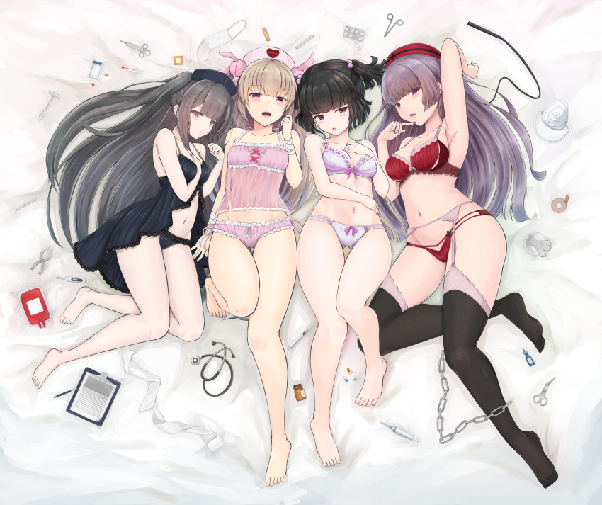 4girls, absurdres, arm_up, babydoll, bandaged_arm, bandages, bare_legs, bare_shoulders