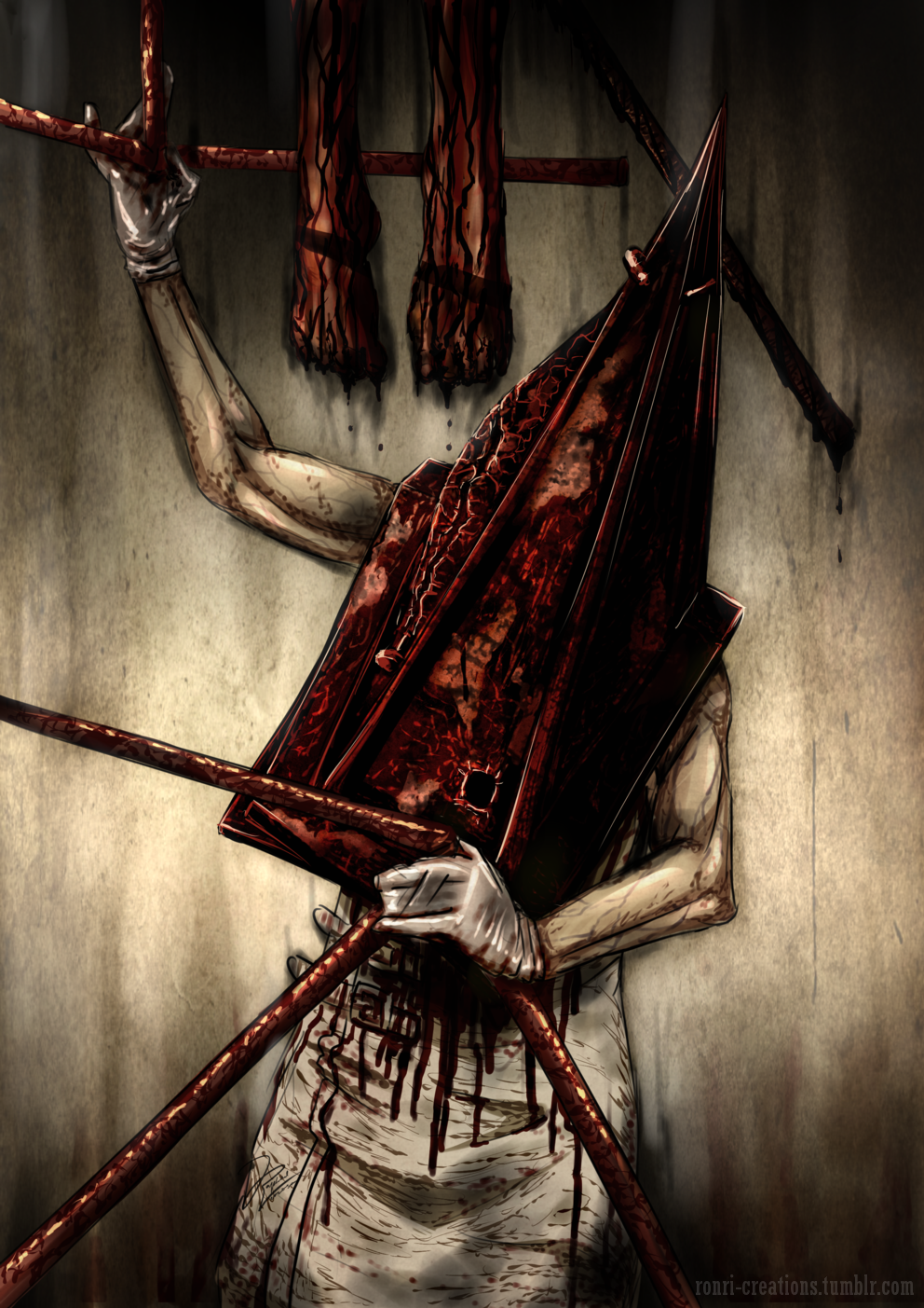 1boy, blood, gloves, guro, hat, helmet, highres, male_focus, monster, monster_boy, muscular, pyramid_head, ronri, silent_hill, silent_hill_(series), silent_hill_2, solo