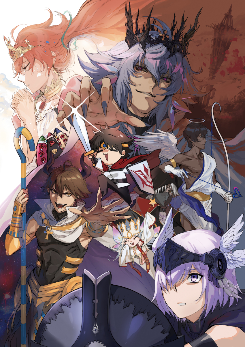 2girls, 6+boys, :d, absurdres, ahoge, alternate_costume, ancient_greek_clothes, angel_wings