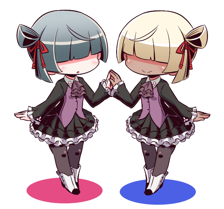 2girls, 7th_dragon_(series), 7th_dragon_iii, :o, black_shirt, black_skirt, blue_hair, blush, boots, brown_legwear, brown_neckwear, chika_(7th_dragon), closed_mouth, collared_shirt, colored_shadow, commentary_request, facing_another, frilled_skirt, frilled_sleeves, frills, hair_over_eyes, hair_ribbon, hand_up, holding_hands, light_brown_hair, long_sleeves, multiple_girls, naga_u, one_side_up, pantyhose, parted_lips, pleated_skirt, purple_vest, red_ribbon, ribbon, shadow, shirt, skirt, sleeves_past_wrists, smile, standing, vest, white_background, white_footwear