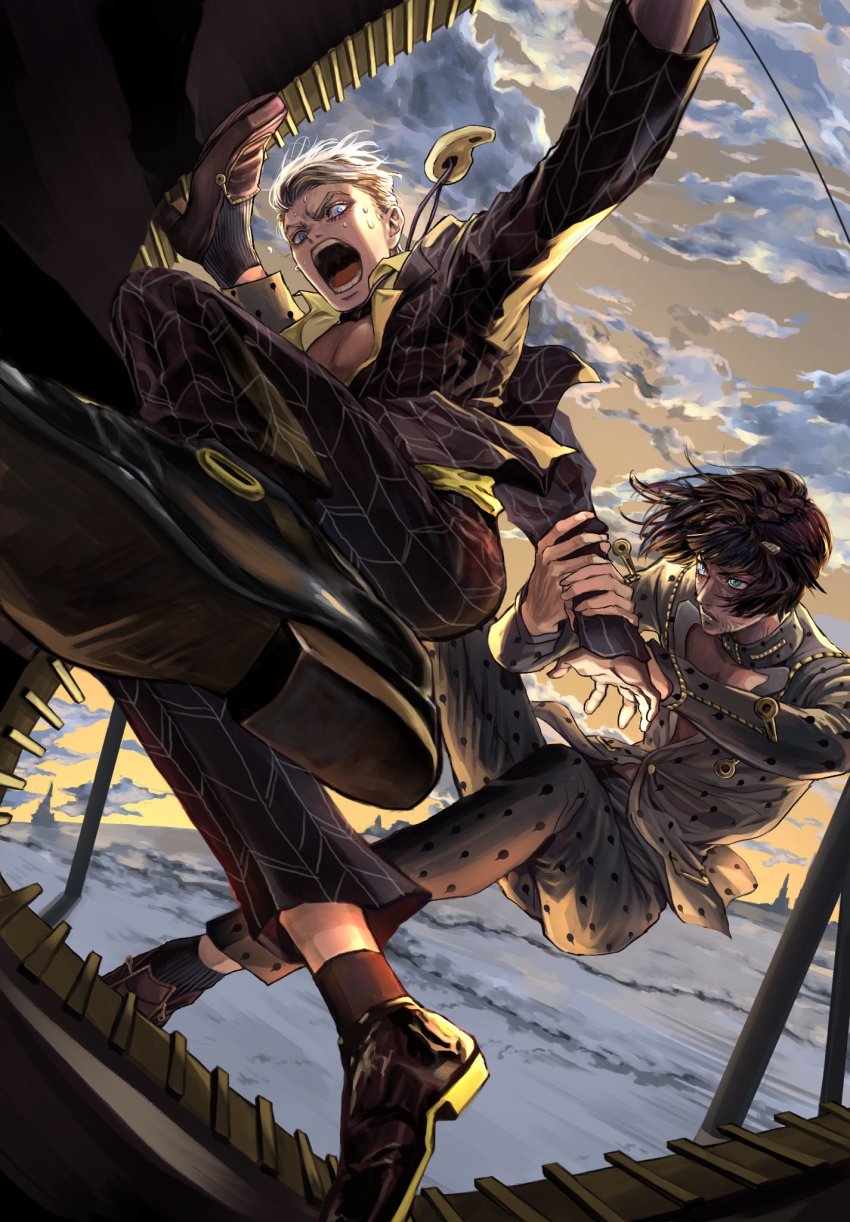 2boys, bad_id, bad_twitter_id, black_hair, blonde_hair, blue_eyes, bruno_bucciarati, formal_clothes, highres, jewelry, jojo_no_kimyou_na_bouken, multiple_boys, necklace, prosciutto_(jojo), pulling, short_hair, snr_gio, suit, unzipped, vento_aureo, zipper