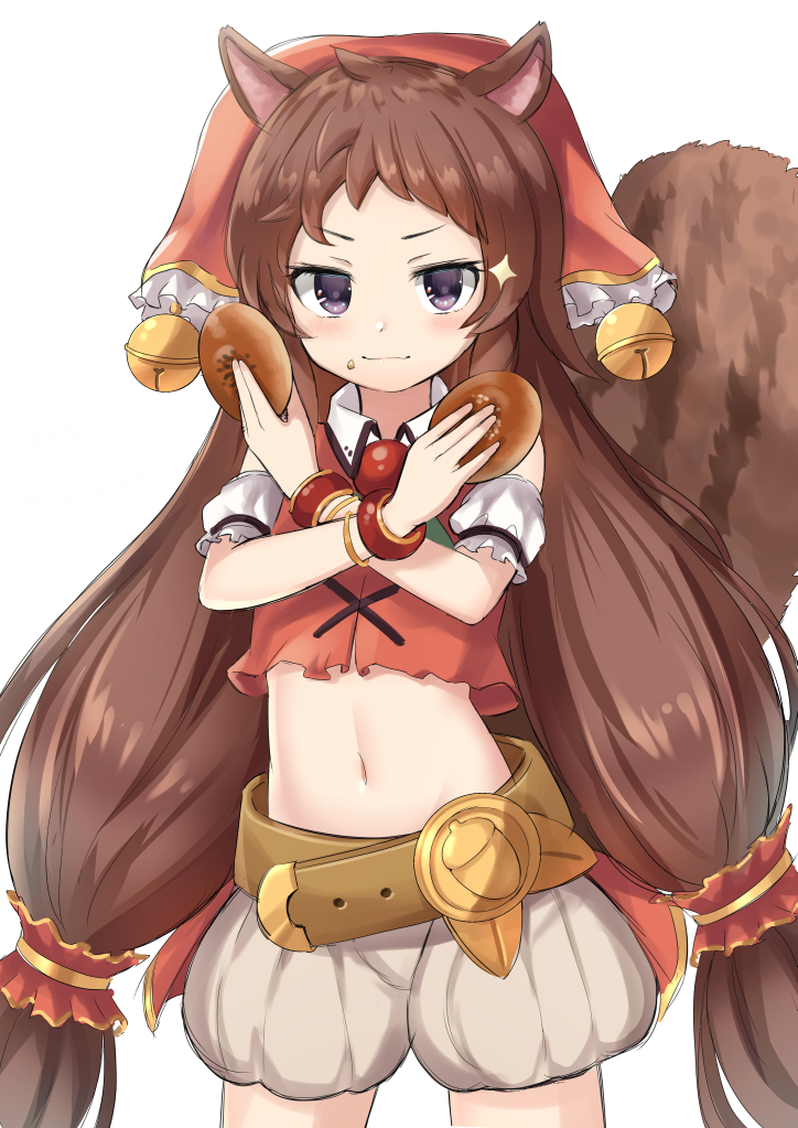 1girl, animal_ears, bare_shoulders, bell, belt, blush, bracelet, brown_hair