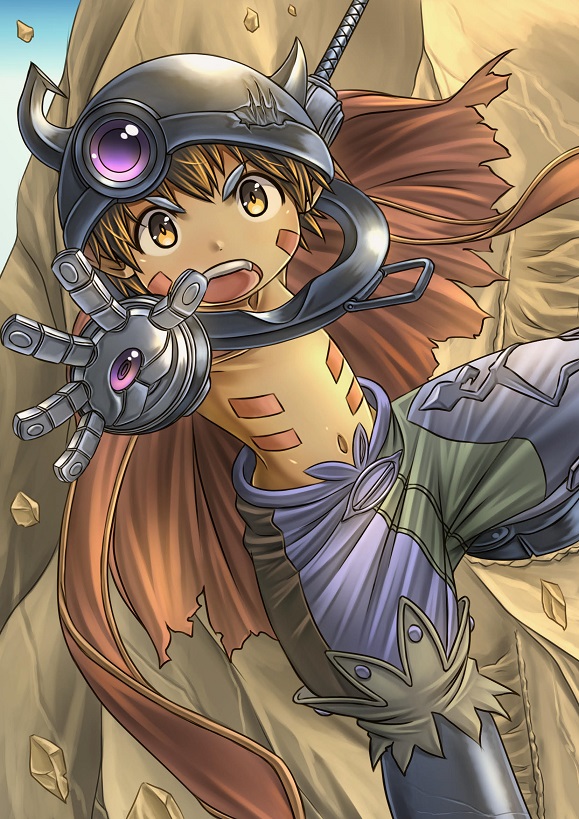 1boy, brown_hair, cape, looking_at_viewer, made_in_abyss, male_focus, mechanical_arms, navel