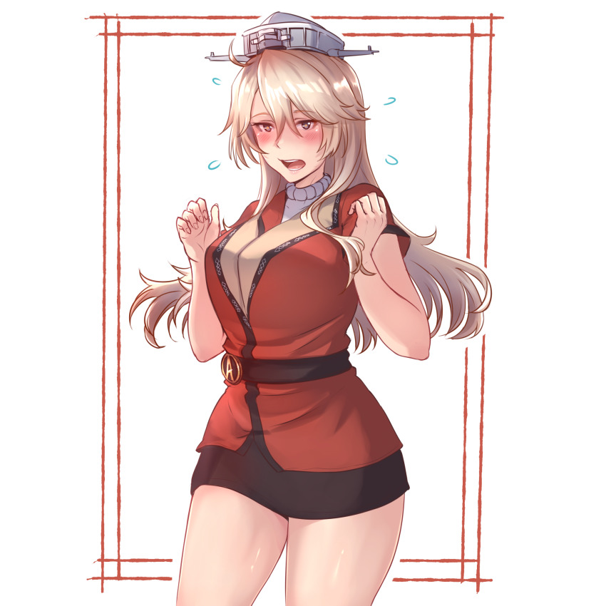 1girl, belt, blonde_hair, blue_eyes, blush, breasts, edwin_(cyberdark_impacts), female_focus, hair_between_eyes, headgear, highres, iowa_(kancolle), kantai_collection, large_breasts, long_hair, miniskirt, ship_girl, short_sleeves, skirt, solo, star-shaped_pupils, star_(symbol), star_trek, symbol-shaped_pupils, turtleneck