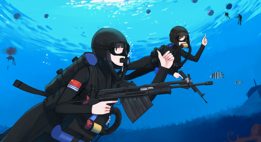 2girls, aps_underwater_rifle, assault_rifle, bad_id, bad_pixiv_id, blood, blunt_bangs, bob_cut, bodysuit, bomb, bubble, death, diving_suit, explosive, fish, fisheye, goggles, gun, highres, long_rifle, military, mine_(weapon), multiple_girls, naval_mine, needlegun, octopus, original, people's_republic_of_china_flag, pointing, pointing_up, rifle, scuba, shiden21gata, signature, silhouette, soldier, swimming, thumbs_up, toz_(tulsky_oruzheiny_zavod), trigger_discipline, tsniitochmash, tula_arms_plant, underwater, underwater_firearm, underwater_magazine, weapon, wetsuit