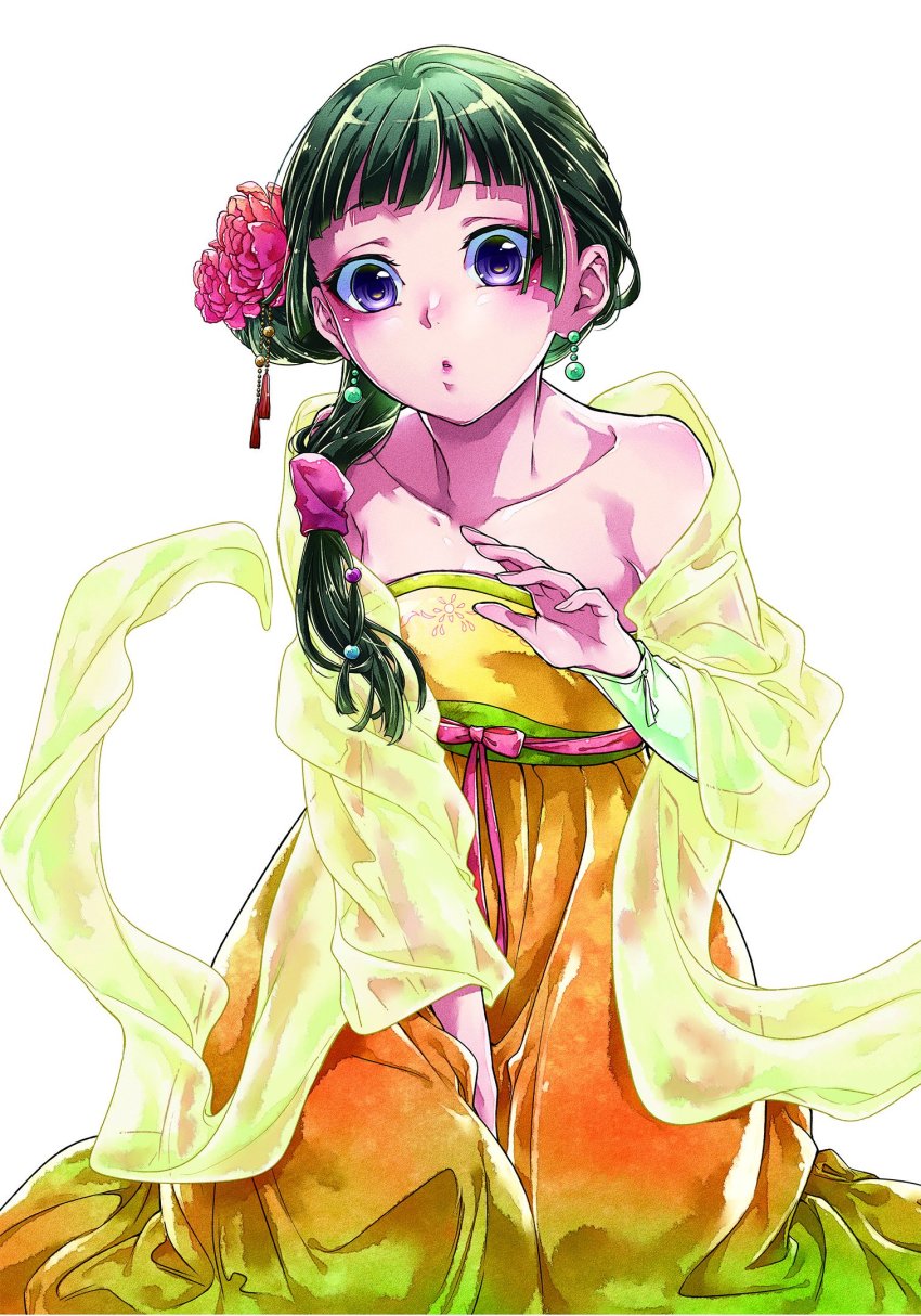 1girl, bare_shoulders, chinese_clothes, earrings, female_focus, flat_chest, flower, green_hair