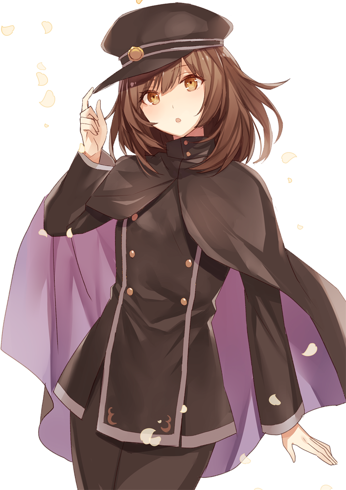 1girl, :o, ayazuki_mei, black_cape, black_hat, black_pants, black_shirt, brown_eyes