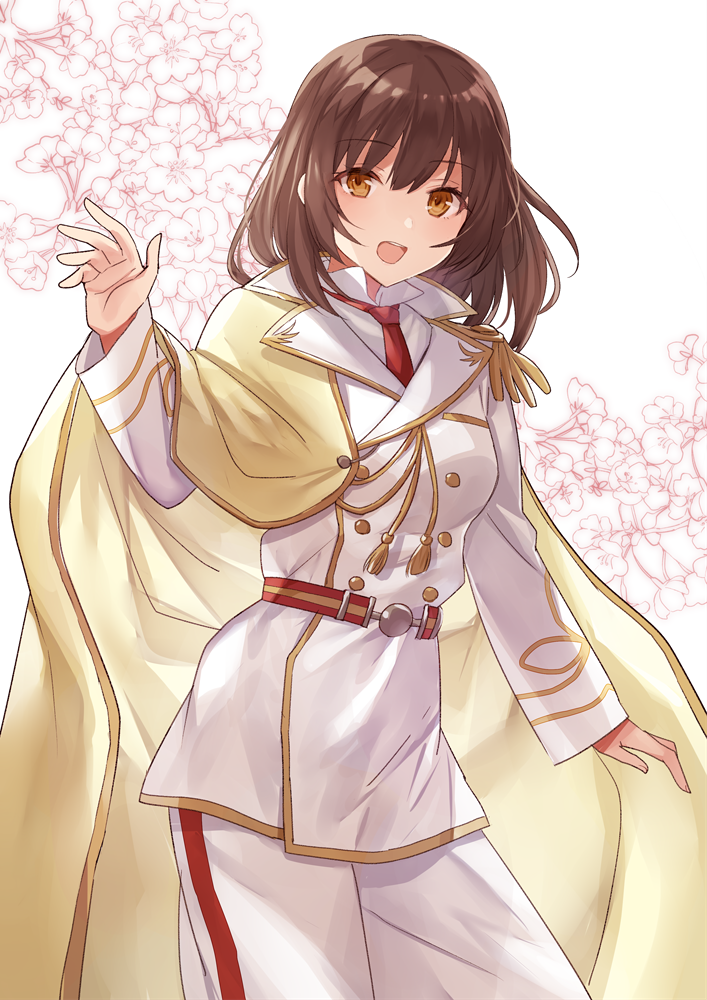 1girl, :d, ayazuki_mei, belt, brown_eyes, brown_hair, buttons, cape