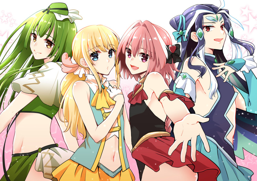 asazuki_norito, astolfo_(fate), black_hair, blonde_hair, blue_eyes, bow, chevalier_d'eon_(fate), clothing_cutout