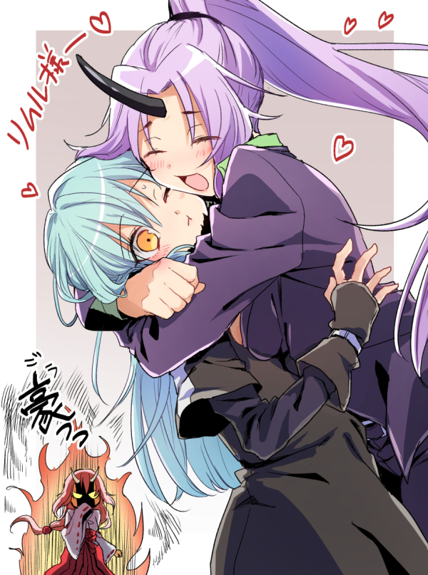 1other, 2girls, black_horns, blush, breast_press, breasts, closed_eyes, happy