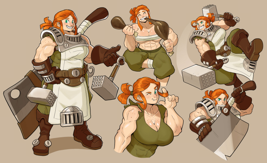 1girl, abs, absurdres, aggie_(cee-haz), axe, bare_shoulders, boots, breasts, cee-haz, cleavage, female_focus, food, freckles, gloves, green_eyes, hammer, highres, large_breasts, meat, muscular, muscular_female, orange_hair, solo, weapon