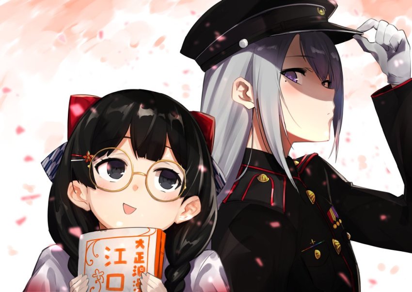 2girls, :d, bad_id, bad_twitter_id, bespectacled, black_eyes, black_hair, blush