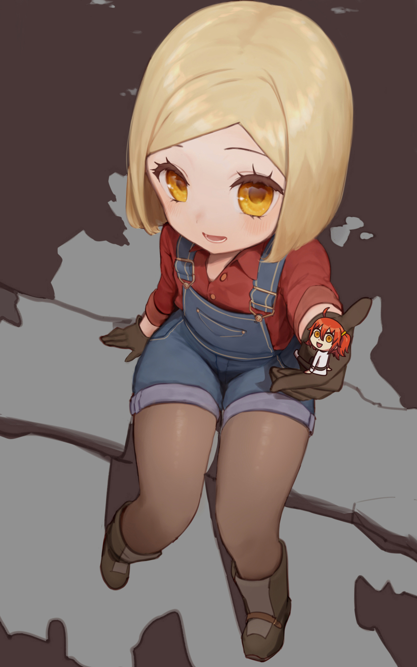 2girls, absurdres, bad_id, bad_pixiv_id, blonde_hair, blush, boots, child, collared_shirt, commentary, dutch_angle, fate/grand_order, fate_(series), flat_chest, from_above, fujimaru_ritsuka_(female), giant, giantess, gloves, highres, holding_person, looking_at_viewer, medium_hair, mini_person, minigirl, multiple_girls, new970, open_mouth, orange_hair, overall_shorts, overalls, pantyhose, paul_bunyan_(fate), paul_bunyan_(second_ascension)_(fate), riyo_(lyomsnpmp)_(style), shirt, sitting, sitting_on_hand, smile, yellow_eyes