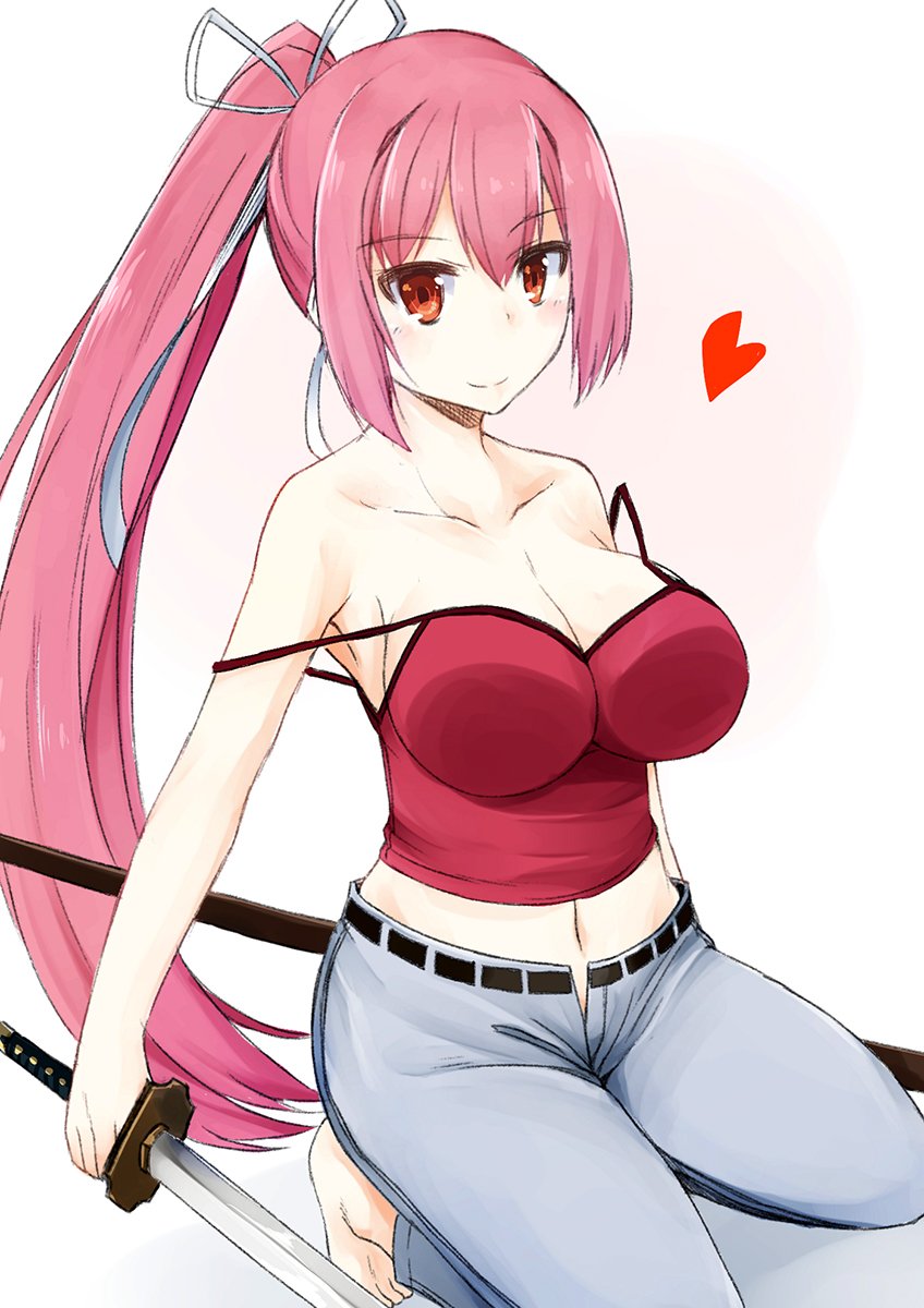 1girl, barefoot, breasts, cleavage, collarbone, hair_ribbon, heart, highres