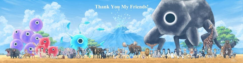 6+girls, :d, :o, ;), ;d, absurdres, african_wild_dog, african_wild_dog_(kemono_friends), alpaca, alpaca_ears, alpaca_suri_(kemono_friends), american_beaver_(kemono_friends), animal, animal_ears, animal_on_head, animal_on_shoulder, animal_print, antlers, arabian_oryx_(kemono_friends), arm_at_side, arm_hug, arm_support, arm_up, armadillo, armor, aurochs, aurochs_(kemono_friends), backpack, bag, bare_legs, bare_shoulders, bear, bear_ears, beaver, beaver_ears, beaver_tail, bike_shorts, bird, bird_tail, bird_wings, biting, black-tailed_prairie_dog_(kemono_friends), black_cellien_(kemono_friends), black_eyes, black_gloves, black_hair, black_pantyhose, blonde_hair, blue_eyes, blue_sky, bodystocking, bow, bowtie, bra, breast_pocket, brown_bear_(kemono_friends), brown_coat, brown_eyes, buttons, camouflage, camouflage_shorts, camouflage_skirt, campo_flicker, campo_flicker_(kemono_friends), cat, cat_ears, cat_tail, cellien_(kemono_friends), chameleon, circlet, clenched_hand, closed_mouth, cloud, cloudy_sky, coat, commentary_request, common_raccoon_(kemono_friends), cow_ears, cow_tail, crested_ibis, crested_porcupine_(kemono_friends), crop_top, cropped_shirt, crossed_arms, cup, dark-skinned_female, dark_skin, day, dog, dog_ears, dog_tail, drill_hair, drinking_glass, elbow_gloves, elbow_pads, emperor_penguin_(kemono_friends), empty_eyes, english_text, eurasian_eagle_owl_(kemono_friends), everyone, expressionless, extra_ears, ezo_red_fox_(kemono_friends), fennec_(kemono_friends), fennec_fox, fingerless_gloves, flying, fox, fox_ears, fox_tail, frilled_sleeves, frills, full_body, fur-trimmed_sleeves, fur_collar, fur_scarf, fur_trim, gazelle_ears, gentoo_penguin_(kemono_friends), giant, giant_armadillo_(kemono_friends), giraffe, giraffe_ears, giraffe_horns, giraffe_print, giraffe_tail, glasses, gloves, golden_snub-nosed_monkey, golden_snub-nosed_monkey_(kemono_friends), gradient_ribbon, grass, green_hair, grey_coat, grey_eyes, grey_hair, grey_shirt, grey_shorts, grey_wolf_(kemono_friends), grin, hair_between_eyes, hair_bun, hair_over_one_eye, hand_on_another's_shoulder, hand_on_own_cheek, hand_on_own_chest, hand_on_own_face, hand_on_own_hip, hand_up, hands_in_pockets, hands_on_own_hips, hands_up, hanging, hat, hat_feather, head_rest, head_wings, headphones, height_difference, helmet, heterochromia, high-waist_skirt, highres, hippopotamus, hippopotamus_(kemono_friends), holding, holding_animal, holding_plate, holding_spoon, holding_staff, holding_tray, holding_weapon, hood, hood_up, hoodie, horns, humboldt_penguin_(kemono_friends), indian_style, jacket, jaguar, jaguar_(kemono_friends), jaguar_ears, jaguar_tail, japanese_black_bear_(kemono_friends), japanese_crested_ibis_(kemono_friends), juggling, kaban_(kemono_friends), kemono_friends, knee_pads, layered_sleeves, leaning_forward, leopard_print, leotard, light_brown_hair, lion, lion_(kemono_friends), lion_ears, long_hair, long_sleeves, looking_at_another, looking_at_viewer, looking_up, low_ponytail, lucky_beast_(kemono_friends), margay, margay_(kemono_friends), medium_hair, midriff, mirai_(kemono_friends), monkey, monkey_ears, monkey_tail, moose, moose_(kemono_friends), moose_ears, moose_tail, mountain, mountainous_horizon, multicolored_hair, multiple_girls, necktie, northern_white-faced_owl_(kemono_friends), on_head, one-eyed, one-piece_swimsuit, one_eye_closed, open_mouth, orange_eyes, orange_hair, orange_jacket, otter, otter_ears, otter_tail, outdoors, outstretched_arms, over_shoulder, owl, own_hands_together, panther_chameleon_(kemono_friends), pants, pantyhose, paw_stick, penguin, penguins_performance_project_(kemono_friends), pink_hair, pink_sweater, pith_helmet, plaid_clothes, plaid_neckwear, plate, pocket, pointing, pointing_at_viewer, ponytail, porcupine, prairie_dog, print_gloves, print_legwear, print_neckwear, print_skirt, raccoon, raccoon_ears, raccoon_tail, red_hair, red_legwear, red_shirt, red_skirt, reticulated_giraffe_(kemono_friends), rhinoceros, rhinoceros_ears, ribbon, riding, rockhopper_penguin_(kemono_friends), royal_penguin_(kemono_friends), sand_cat_(kemono_friends), sandstar, savannah, scarf, serval, serval_(kemono_friends), serval_tail, shirt, shoebill, shoebill_(kemono_friends), shoes, short_hair, short_over_long_sleeves, short_sleeves, shorts, shorts_under_shorts, shorts_under_skirt, side-by-side, side_ponytail, sidelocks, silver_fox_(kemono_friends), single_hair_bun, sitting, sitting_on_animal, size_difference, skirt, sky, sleeveless, sleeveless_shirt, small-clawed_otter_(kemono_friends), smile, snake, snake_tail, spoon, spread_arms, squatting, staff, standing, standing_on_one_leg, stomach, stone, striped_clothes, striped_hoodie, striped_tail, sweater, sweater_vest, swimsuit, tail, thighhighs, toned, tray, tree, tsuchinoko, tsuchinoko_(kemono_friends), twintails, two-tone_bow, two-tone_bowtie, two-tone_hair, underwear, vest, volcano, weapon, weapon_over_shoulder, white_bow, white_hair, white_rhinoceros_(kemono_friends), white_skirt, wide_sleeves, wings, wolf, wolf_ears, wolf_tail, yamaguchi_yoshimi, yellow_eyes, yellow_gloves, yellow_legwear, yellow_leotard, zettai_ryouiki