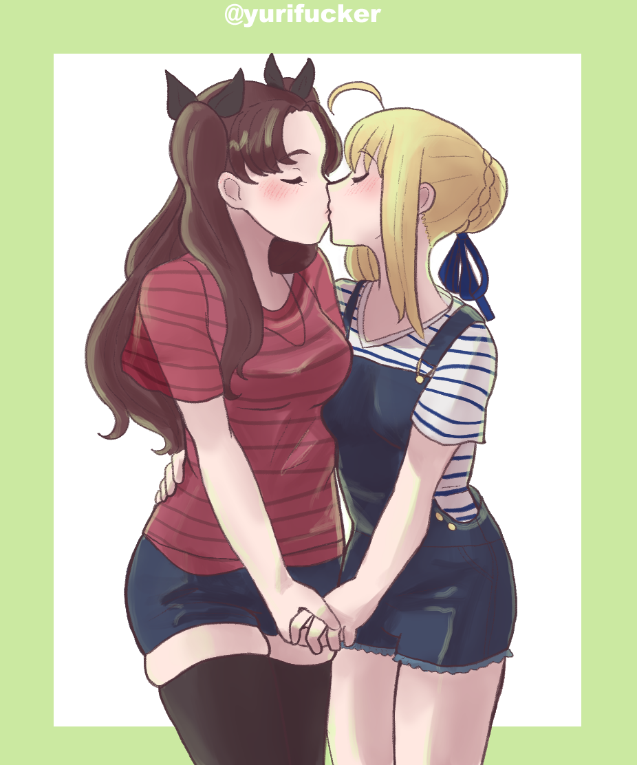 2girls, ahoge, alternate_costume, artoria_pendragon_(fate), bad_id, bad_pixiv_id, black_legwear, blonde_hair